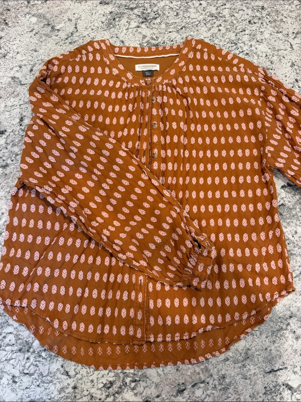PilcroXAnthropology - Orange with Pink Leaf fabric detail Peasant Blouse